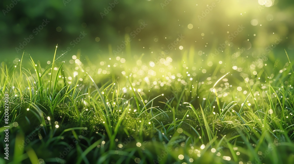 Obraz premium Lush green grass with scattered patches of vibrant moss, early morning sunlight, soft focus, macro shot, dewy and fresh