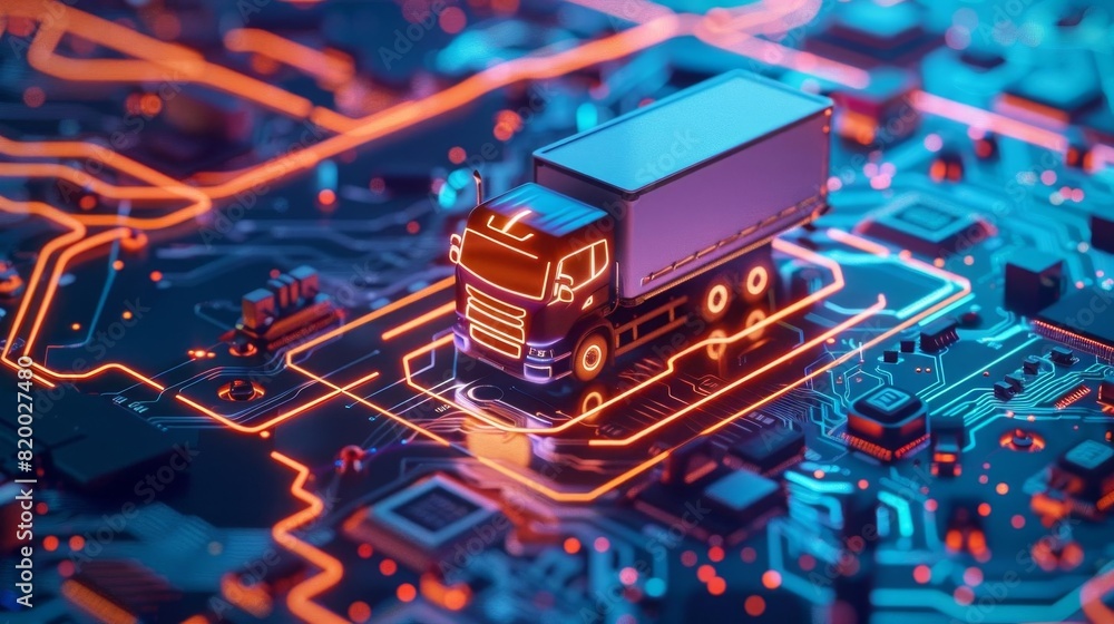 Obraz premium Illustration of an electric truck symbol integrated into an electronic mainboard design with AI symbol, symbolizing AIdriven advancements in commercial transportation