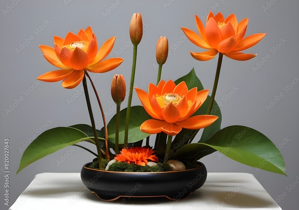 Fototapeta premium Orange lotus flower ikebana bonsai, bonsai, bonsai flower