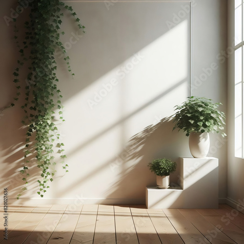 sfondo bianco di interno con luce proveniente da una finestra su parete vuota e pavimento in legno, piante di edera cadente e in vaso bianco con spazio vuoto per presentazione prodotto photo