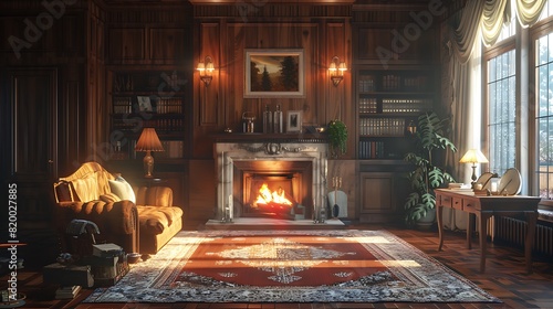 A cozy living room bathed in the soft, flickering light of a fireplace, with a sofa that beckons for relaxation. photo