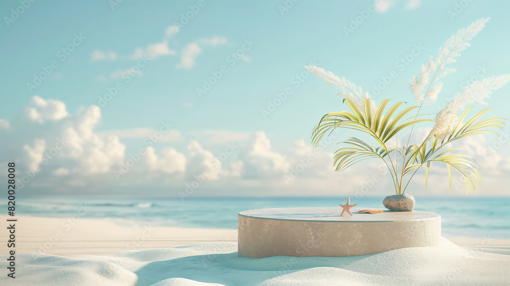 Obraz premium 3D podium with copy space for product display presentation on beach with blue sky and white clouds abstract background. Tropical summer and vacation concept. Graphic rendering illustration design