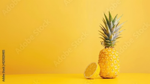 Pineapple and lemon half on yellow background