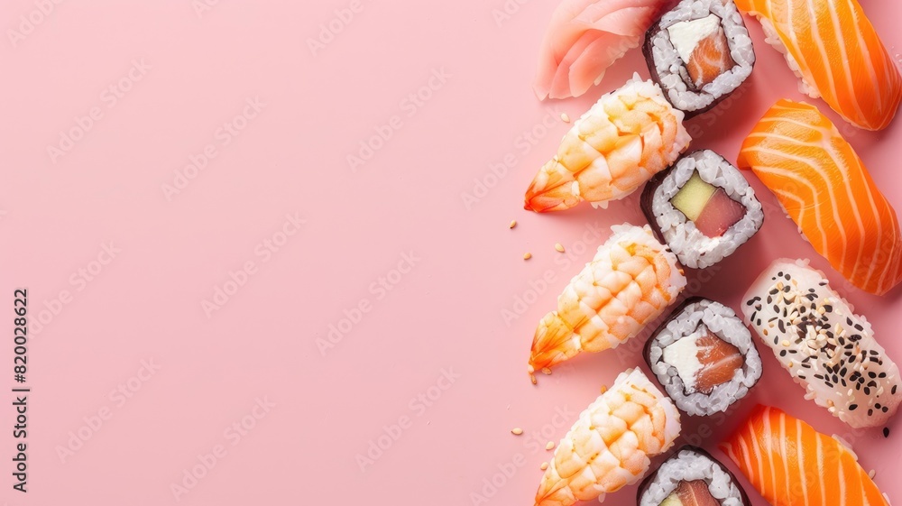 Assorted sushi and sashimi on pink background Assorted sushi and sashimi on pink background