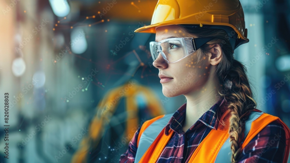 Female worker in safety gear observing industrial environment Female worker in safety gear observing industrial environment