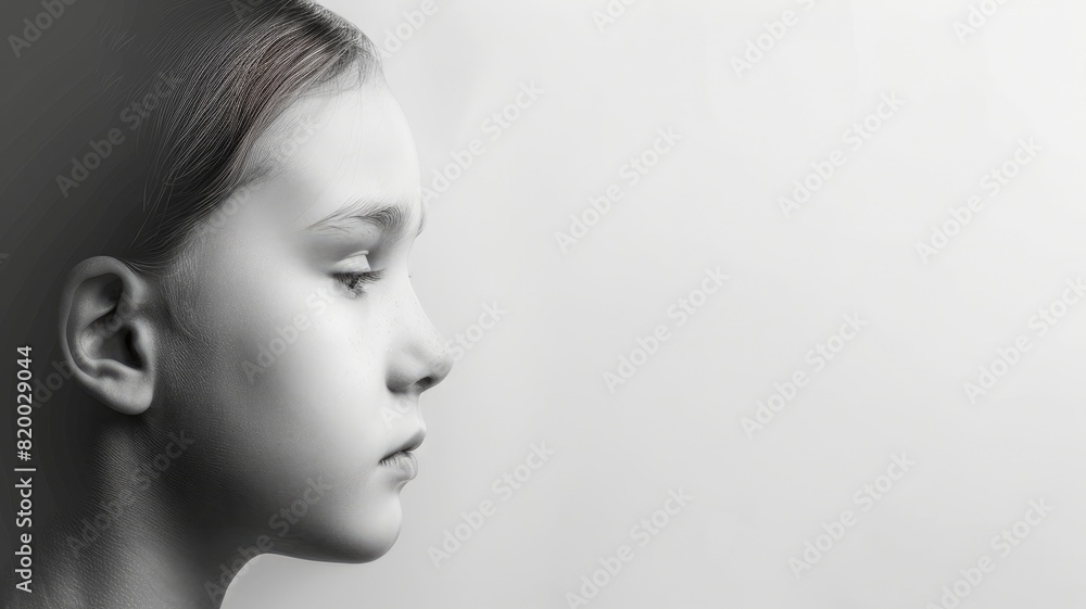 Side profile of young girl with serene expression, monochrome image Side profile of young girl with serene expression, monochrome image