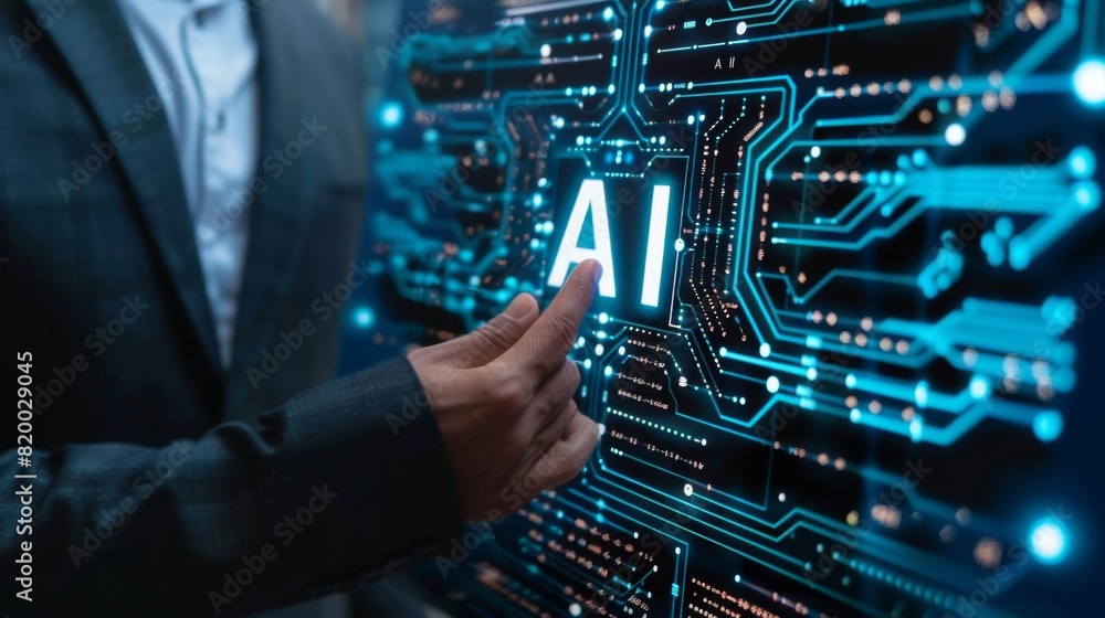 Illustration of a business professional presenting data with AI text overlaid on an electronic mainboard design Illustration of a business professional presenting data with AI text overlaid on an electronic mainboard design