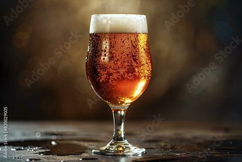 A glass of beer sits on top of a table with a dark background