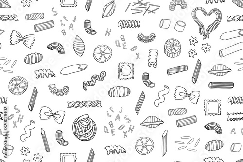 Seamless pattern of pasta of different shapes in doodle style. Italian Cuisine. Pasta time. Pasta lover. Hand drawn. Great for menu design, banners, websites, packaging. Vector illustration EPS10