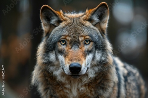 Digital image of gray wolf stands in one of large woods, high quality, high resolution