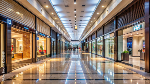 An empty shopping mall corridor with illuminated store signs, perfect for retail marketing or advertising campaigns photo