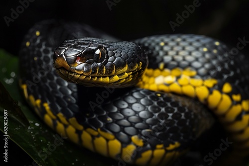 Black and yellow snake with dark background, high quality, high resolution