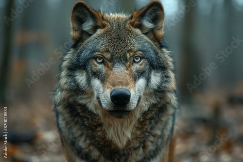 A gray wolf stands in one of large woods, high quality, high resolution