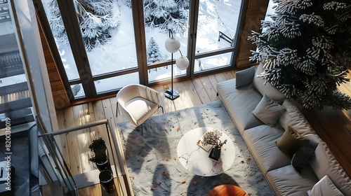 High angle view of modern cozy living room in winter : Generative AI photo