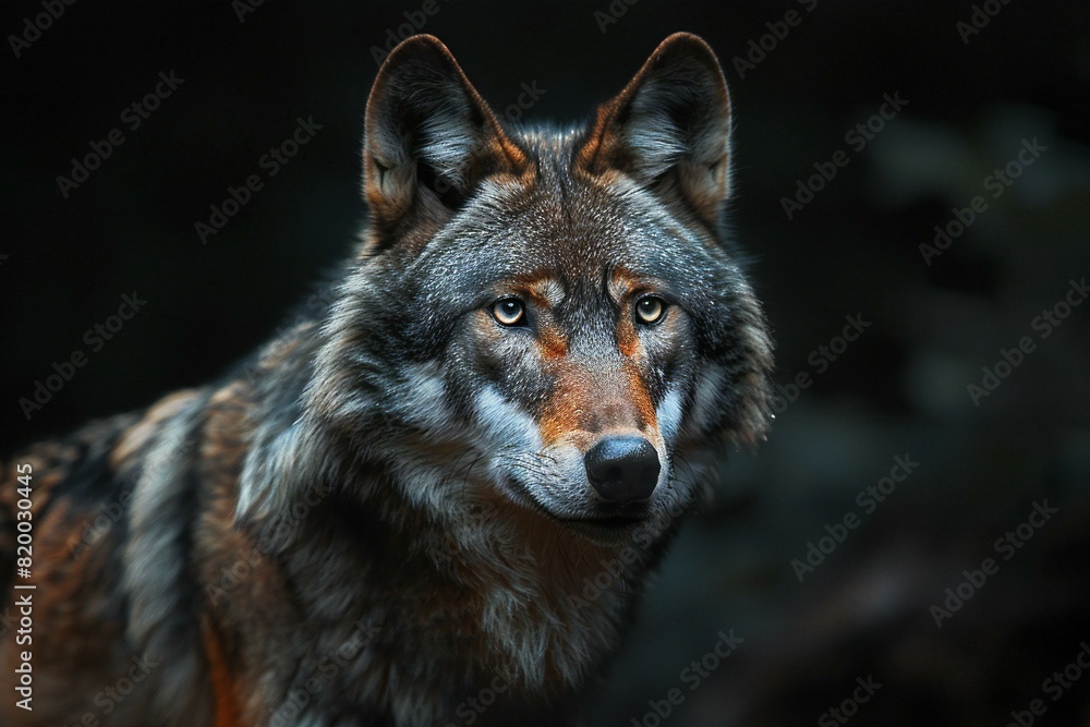 Digital artwork of  image of a wolf standing in darkness, high quality, high resolution
