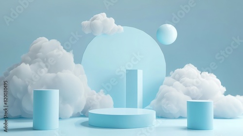 3d render, abstract minimal scene with geometric shapes, podiums and clouds,Podium with a Background of Fluffy Cotton Candy Clouds for Product Display. Pink podium against dreamy cloud backdrop