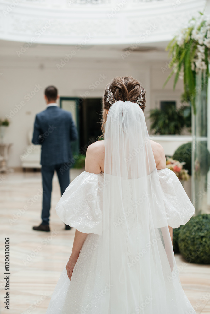 The bride in a beautiful white wedding dress goes elegantly The bride in a beautiful white wedding dress goes elegantly