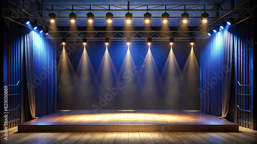An empty stage with theatrical lighting, suitable for presentations, performances, or creative copy space utilization photo