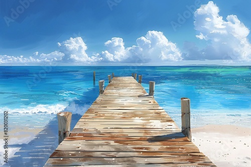 Featuring a  wooden pier on a beach leading into the blue water photo