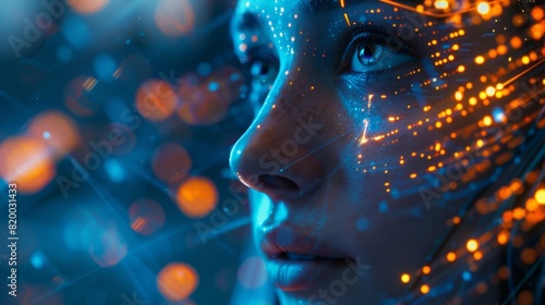 Cyber security concept. Portrait of a beautiful young woman with a binary code on her face