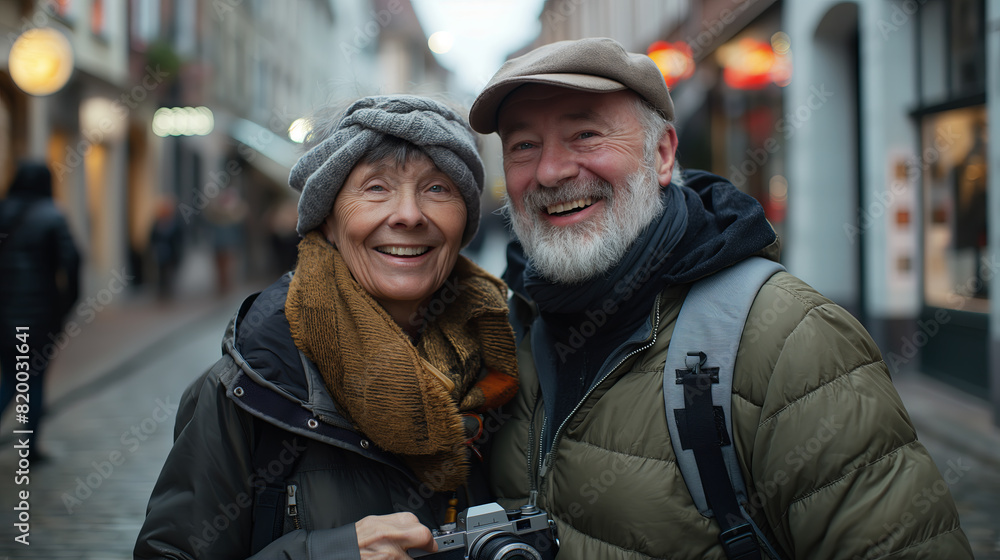 Fototapeta premium Senior Couple Enjoying City Trip Together, Smiling with Camera
