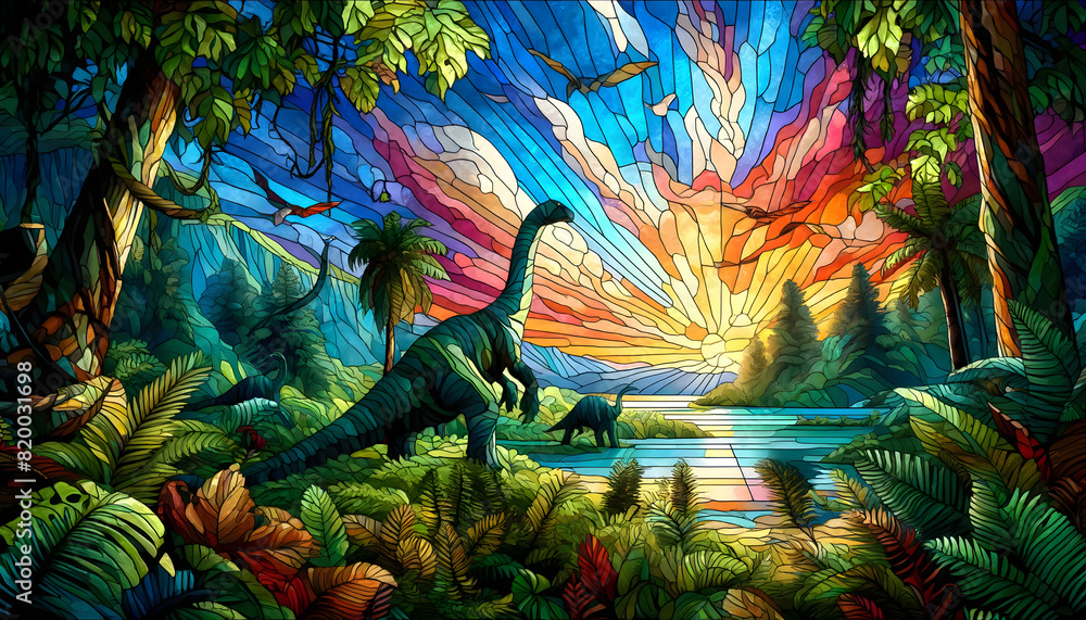 Obraz premium Stained glass prehistoric world