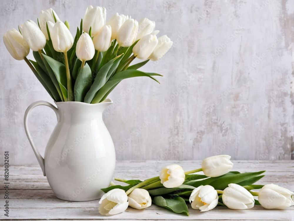 Bouquet of white tulips in white ceramic jug on table. Spring concept Bouquet of white tulips in white ceramic jug on table. Spring concept