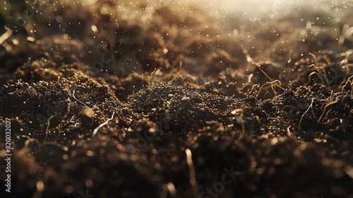 Closeup of soil with tiny insects and roots, sunlight highlighting texture, macro lens, intricate natural details, rich earthy tones