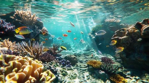 Coral reef underwater  vibrant fish and corals  clear turquoise water  sunlight piercing through  closeup view  dynamic and colorful