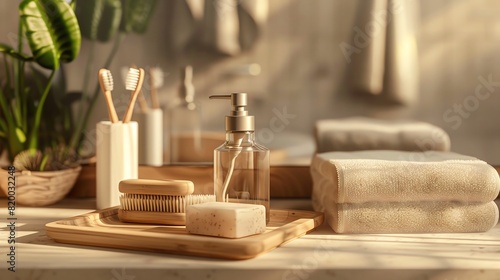 Cozy bathroom with bamboo toothbrushes  shampoo bars on a wooden tray  glass soap dispenser  and cotton towels  natural lighting  closeup shot