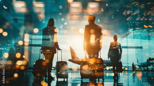 silhouettes of businesspeople can be seen standing against glass walls with their suitcases photo