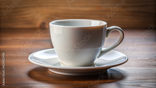 A plain white ceramic mug on a saucer  perfect for showcasing branding  coffee-related concepts  or morning routines.