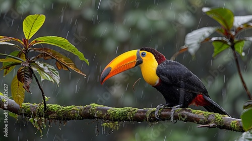 A colorful bird perched on a tree branch in a forest with green leaves. The bird has a dark background  a yellow and orange beak  and is a black toucan.