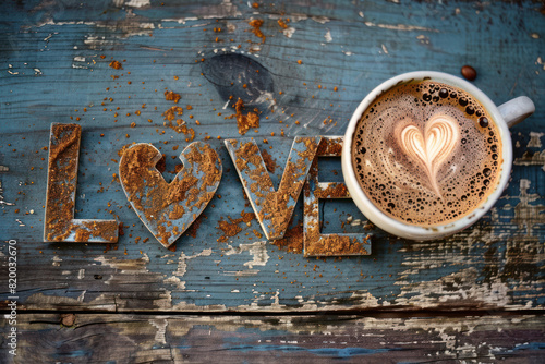wording love with beans coffee and hot coffee cup wooden background.