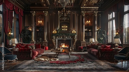 A grand  ornate fireplace as the focal point of the room  flanked by elegant sofas upholstered in rich velvet  evoking a sense of old-world luxury.