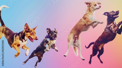 Young dogs jumping playing flying Cute doggies or pets are looking happy isolated on colorful or gradient background Studio Creative collage of different breeds of dogs Flyer for your    Generative AI