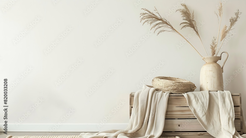 Fototapeta premium Rabbit tail grass in beautiful tan vase wooden storage box neutral beige blanket against white wall Aesthetic minimal hygge interior design concept : Generative AI