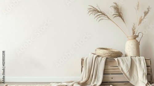Rabbit tail grass in beautiful tan vase wooden storage box neutral beige blanket against white wall Aesthetic minimal hygge interior design concept : Generative AI photo
