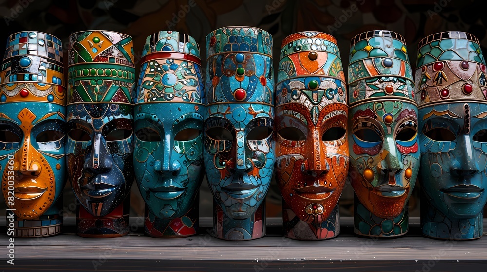 A row of decorative ceramic masks, adorned with vibrant colors and intricate patterns, displayed on a solid background