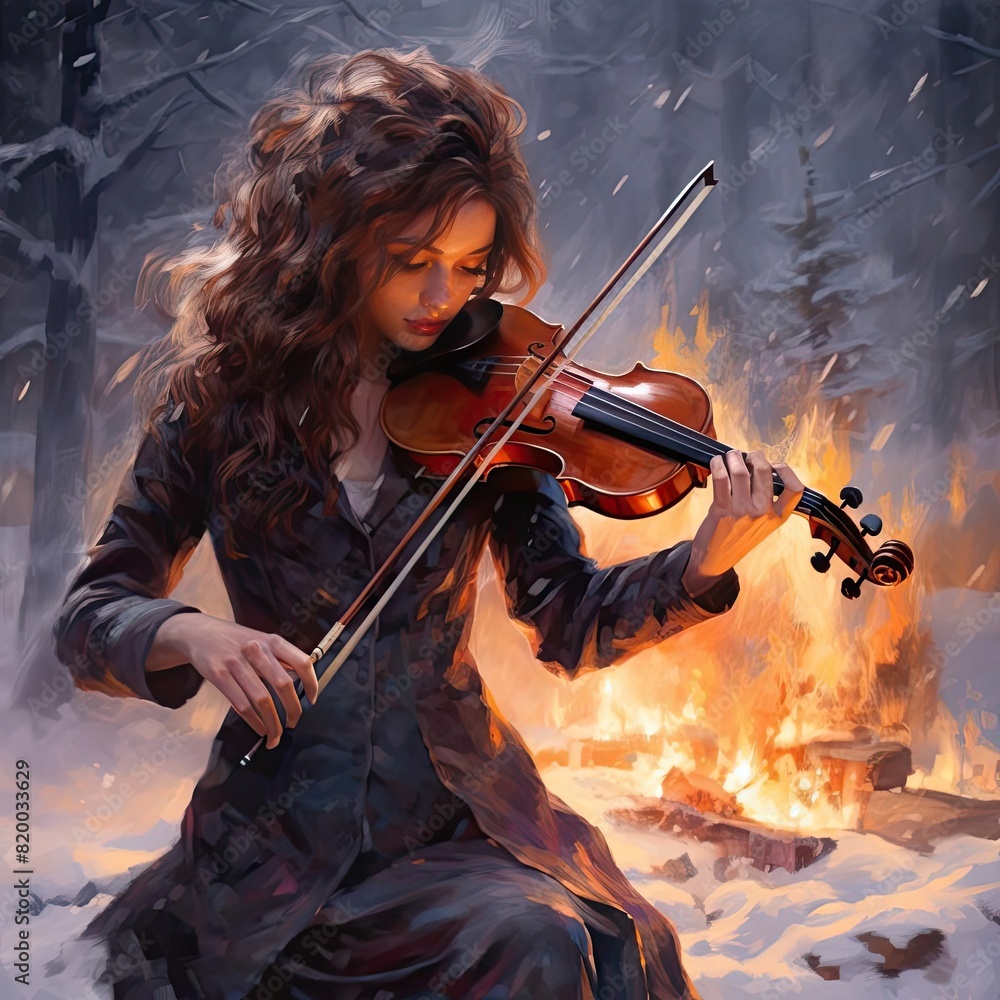 Fototapeta premium woman playing violin in winter in forest