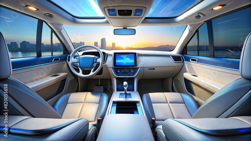 A sleek, futuristic car interior with blank screens, perfect for showcasing automotive technology or infotainment systems.