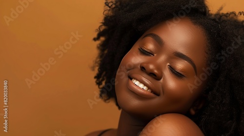 Self Acceptance Love And Care Portrair of halfturned smiling curvy African American woman with perfect skin and closed eyes embracing herself isolated on brown studio background free c : Generative AI photo