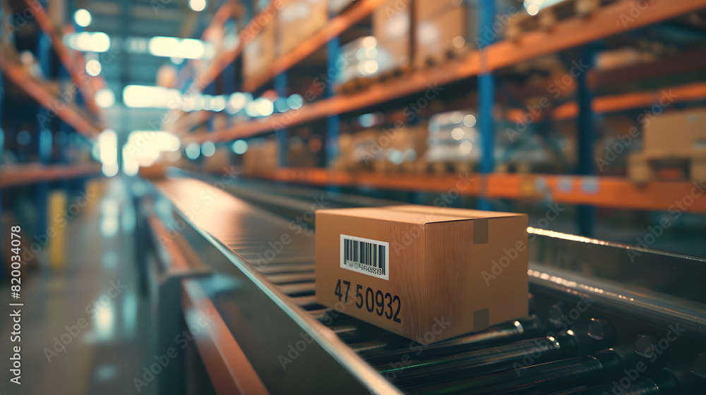 A single cardboard box with a visible barcode travels on a conveyor in a large warehouse A single cardboard box with a visible barcode travels on a conveyor in a large warehouse