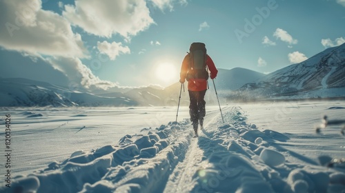 Picture of a cross-country skier with intense focus, cold breath visible, navigating a snowy landscape.