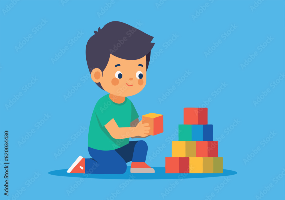 A boy is playing with blocks, and the blocks are in a stack A boy is playing with blocks, and the blocks are in a stack