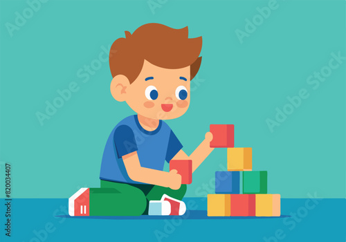 A boy is playing with blocks, building a tower