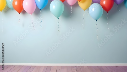 Colorful balloons floating against a wall  with a wooden floor in the foreground