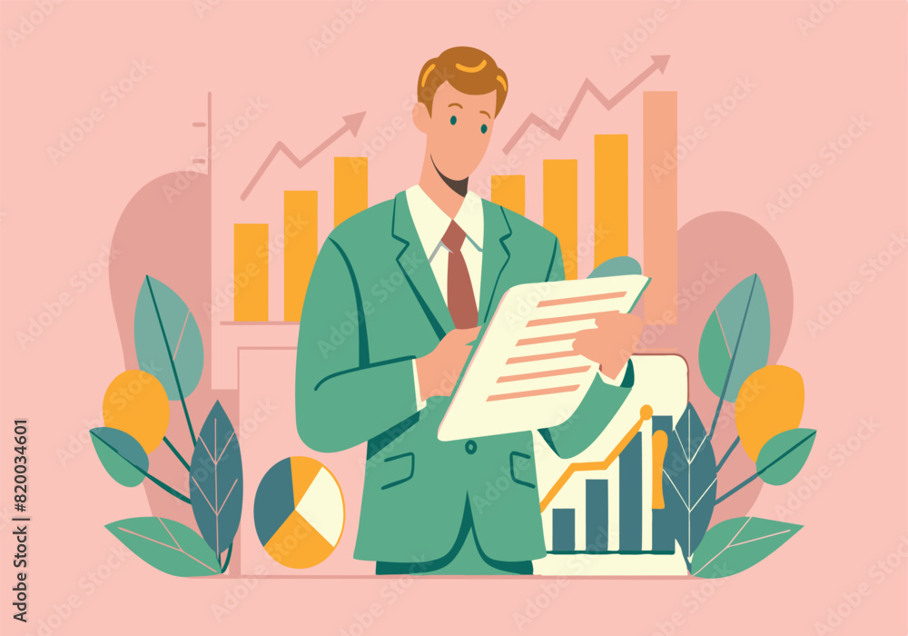 Obraz premium A man in a suit is looking at a piece of paper with numbers on it