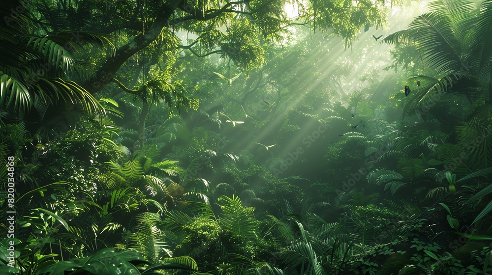 Dense rainforest canopy, various bird species, sunlight streaming through foliage, groundlevel shot, rich greens and dappled light, immersive and lush