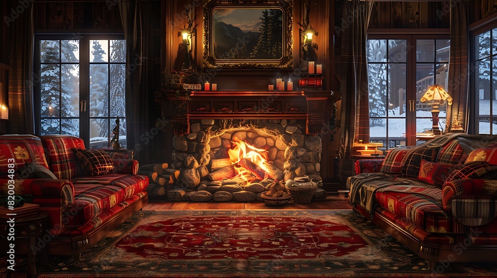 A living room with a fireplace, where the fire crackles and pops, casting a warm glow on a cozy, overstuffed sofa.